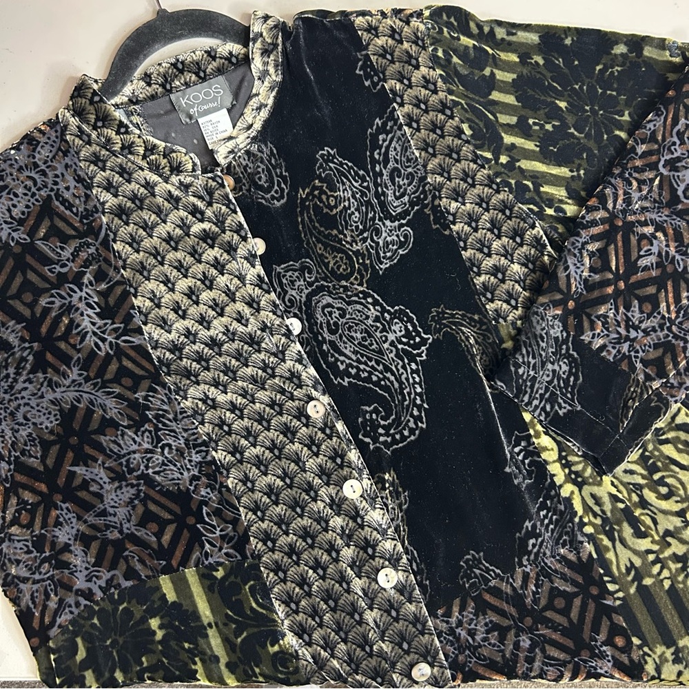 Koos of Course Button Front Shirt Dress Velvet Velour Sheer Black Paisley Silk L